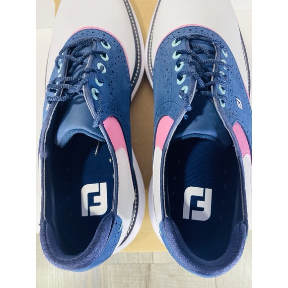 FootJoy Traditions White Navy Pink Saddle Spiked Golf Shoes 57959 Men Size 10.5 - Picture 6 of 8